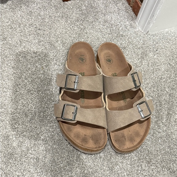 Birkenstock Beige Slide Sandals with Silver Buckles worn once - Picture 2 of 4
